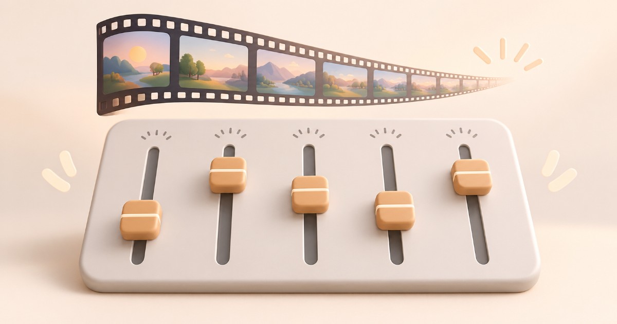 Mixážní pult s pěti jezdci a nad ním filmový pásek, který se zužuje